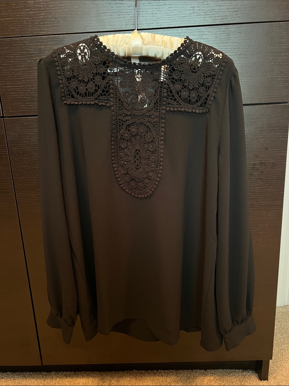 Halogen Black Long-Sleeve Blouse with Crochet Yoke